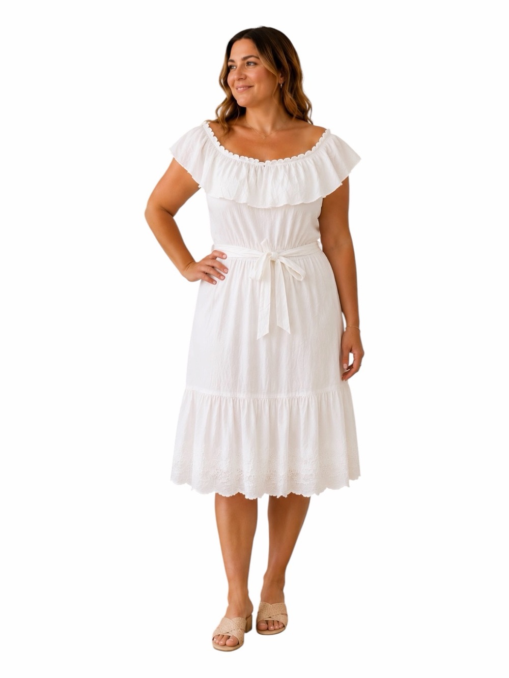 Coastal Chic White Off Shoulder Embroidered Cotton Dress Ralph Lauren NWT 14